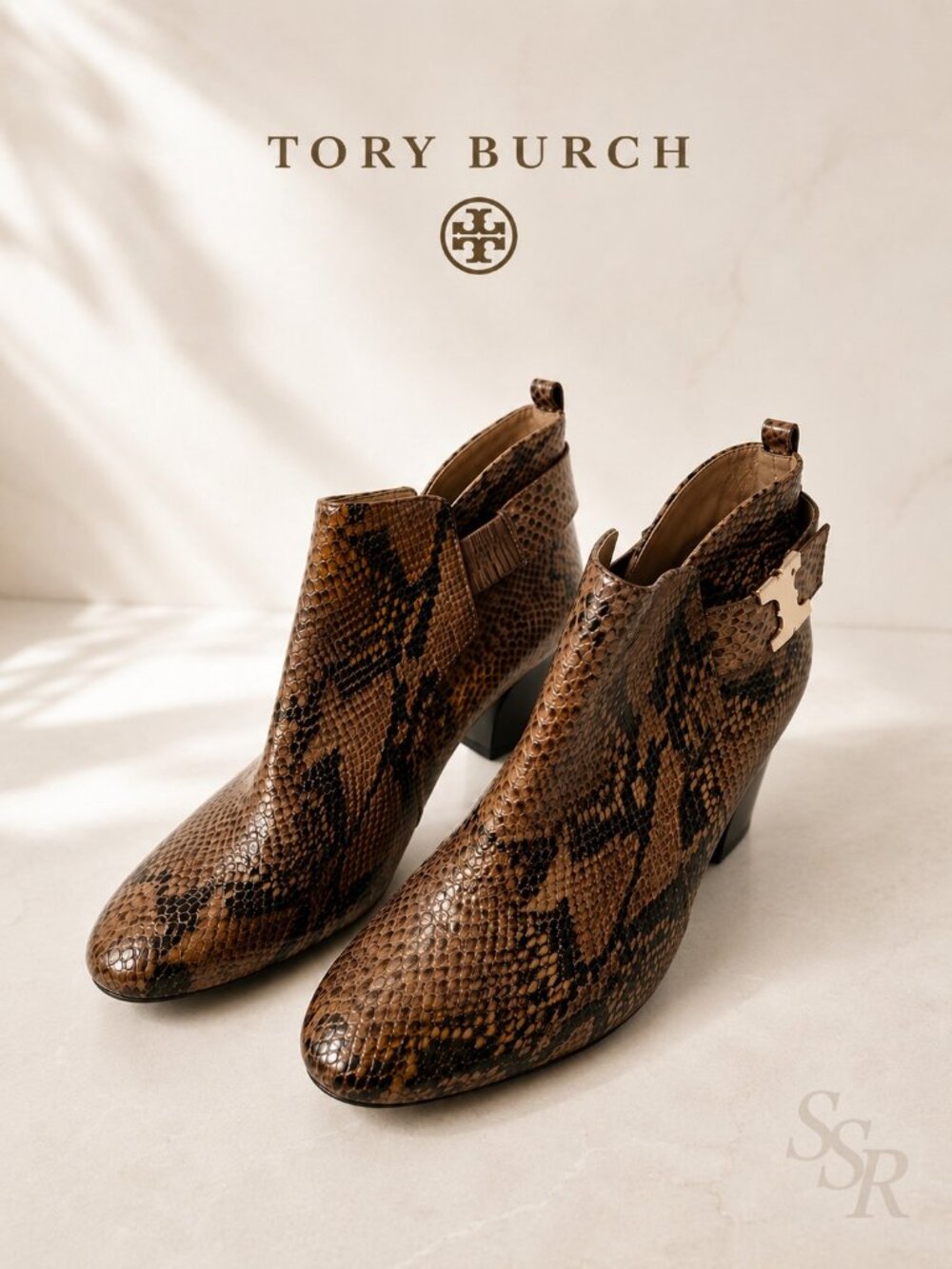 Tory Burch Gemini Link Ankle Bootie – Brown Snake Embossed Leather Women's 11M